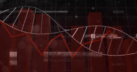 Displaying white silver DNA helix weaving across abstract digital dashboard, with red line and bars