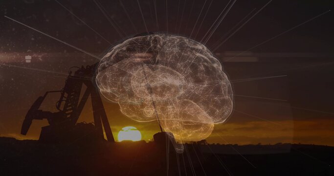 Glowing wireframe brain hologram hovering over plains near horizon aligned with sunset and pumpjack