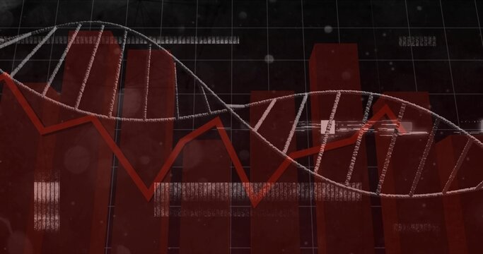 Displaying white silver DNA helix weaving across abstract digital dashboard, with red line and bars