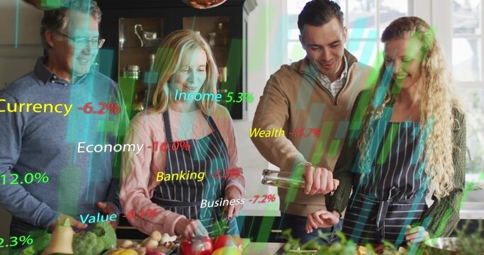 Cooking family chopping produce and pouring oil in kitchen with striped aprons and data overlays