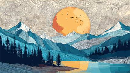 Stunning Sunrise Landscape Art Vector Illustration
