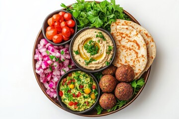 Colorful platter of fresh Mediterranean dishes with dips, salads, and flatbreads served on a wooden table © Kristina