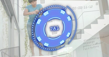 Leaning man wearing blue T-shirt, dark shorts on upper landing, glass railing with AR HUD 781