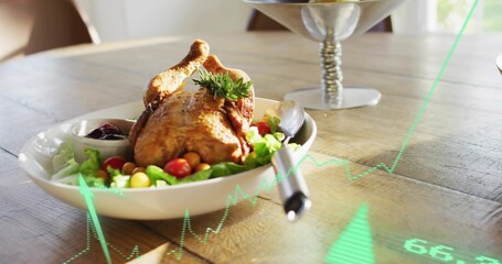 Serving roasted whole chicken in white bowl on dining table, with lettuce, tomatoes, green overlay © vectorfusionart
