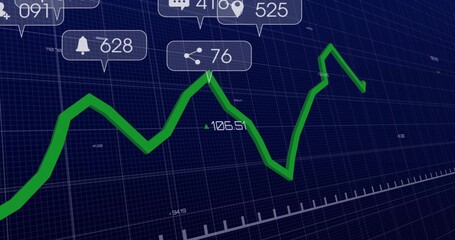 Showing thick green 3D line chart zigzagging on dark blue grid plane, marker 106