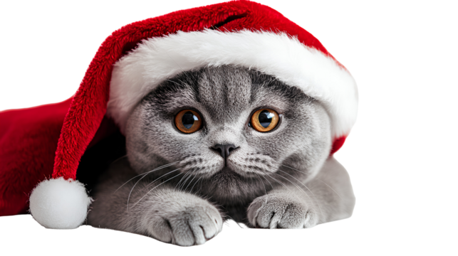 Cute Kitten Portrait with Santa Hat Staring Adorably with Amber Eyes on Transparent Background