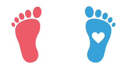 A pair of footprints one red and one blue with a heart shaped cutout