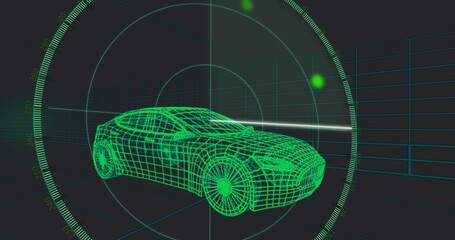 Displaying neon-green wireframe sedan rotating inside radar HUD over 3D grid with scan beam