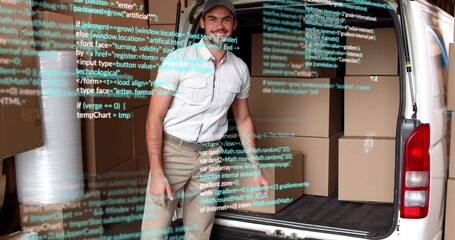 Standing mover smiling at van rear, wearing polo and khaki, with boxes, bubble wrap, code overlay