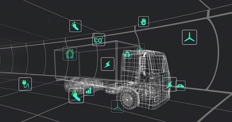 Displaying wireframe box truck floating inside virtual tunnel, showing grid floor, energy CO2 icons
