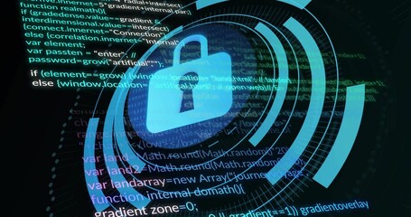 Glowing blue padlock icon anchoring security interface, featuring concentric rings, code and binary