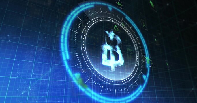 Glowing Bitcoin-like symbol hovering inside holographic HUD in virtual grid with concentric rings - Powered by Adobe