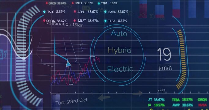Displaying mode selector highlighting Auto Hybrid Electric in cockpit HUD, with 19 km or h gauge - Powered by Adobe