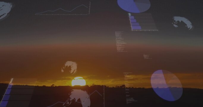 Naklejki Glowing sun lowering near horizon over rural land, treeline with pie-chart overlays and line graphs