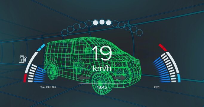 Showing neon wireframe van navigating HUD tunnel, displaying 19km or h, 18:45, side gauges, 22°C
