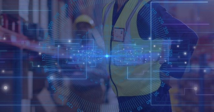 Scanning warehouse worker checking stock in racked aisle with boxes yellow vest ID badge AR overlay - Powered by Adobe