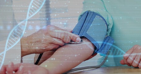 Measuring patient forearm pressure with cuff, gloved hand holding stethoscope on table, DNA overlay