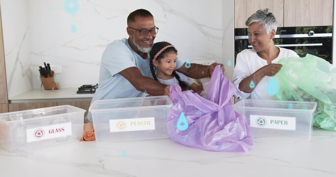 Sorting family placing recycling at home kitchen counter, with labeled bins, wearing casual clothes - Powered by Adobe