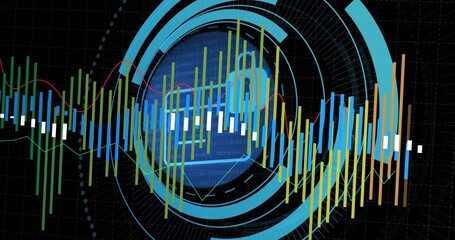 Displaying centered data HUD on dark dashboard, radial rings, candlestick bars, lines, blue globe