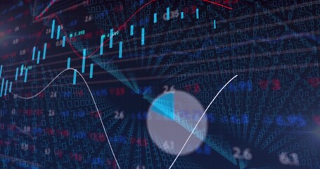 Displaying layered market screen showing candlesticks, line-graphs, ticks, binary-grid, donut