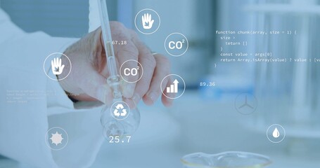 Grasping hand wearing lab coat sleeve manipulating pipette and flask at lab bench with HUD overlays