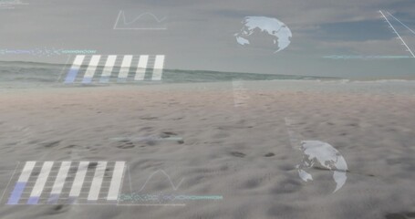 Showing rippled wet sand and faint footprints on coastal shoreline, with ocean waves and AR graphs