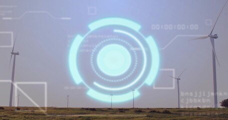 Projecting central cyan holographic HUD over wind farm grassland, with turbines, UI, binary text