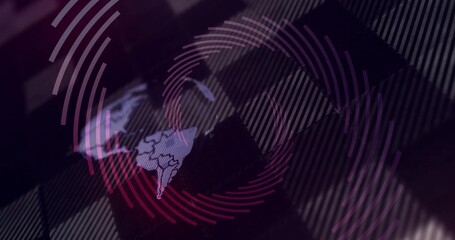 Radiating stylized Americas map pulsing over abstract digital tile grid with magenta rings