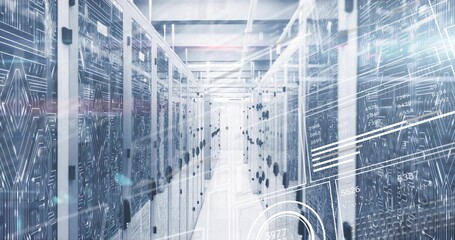 Stretching central aisle showcasing racked server cabinets at data center, with HUD overlays