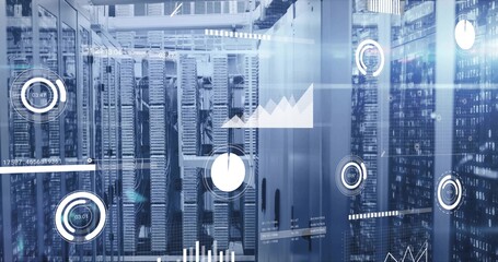 Displaying bank of server racks and glass doors glowing in data center, with HUD overlays © vectorfusionart