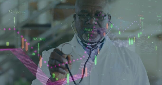 Holding stethoscope doctor wearing white lab coat and tie presenting in clinic with data overlay