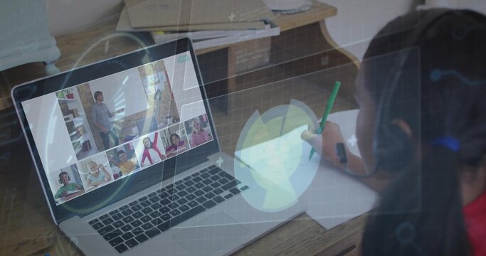 Writing kid at home wearing headphones using laptop HUD-overlay, green pencil and paper, copy space - Powered by Adobe