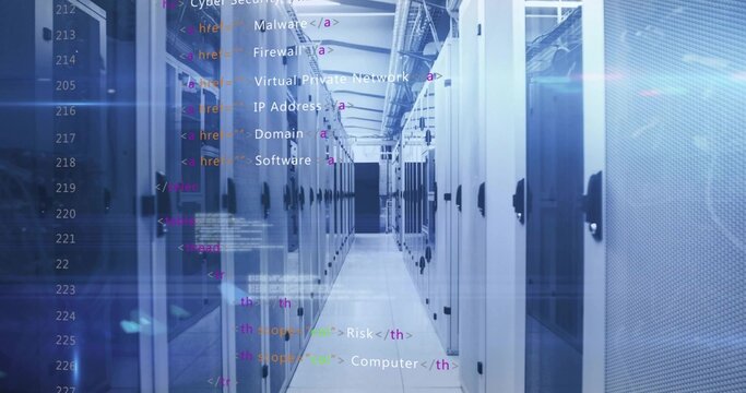 Walking central aisle revealing white and gray server racks, LED lights, patch cables, code overlay