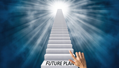 Finger touching a step on a long staircase leading to a bright light future plan