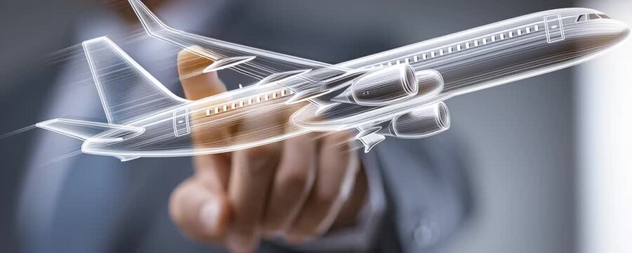 hand pointing at holographic airplane icon, travel booking technology

