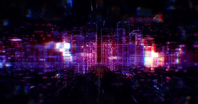 Futuristic cyber metropolis timelapse with data flow visualization. Abstract 3d technology background animation.