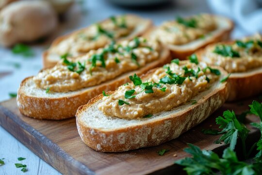 Creamy hummus spread on toasted bread slices with fresh herbs on wooden board in a cozy kitchen setting