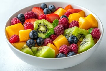 Colorful fruit salad with strawberries, blueberries, kiwi, and melons arranged in a white bowl on a light surface