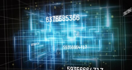 Displaying glowing cyan wireframe cluster pulsing in 3D data space, with numeric string 6376685366