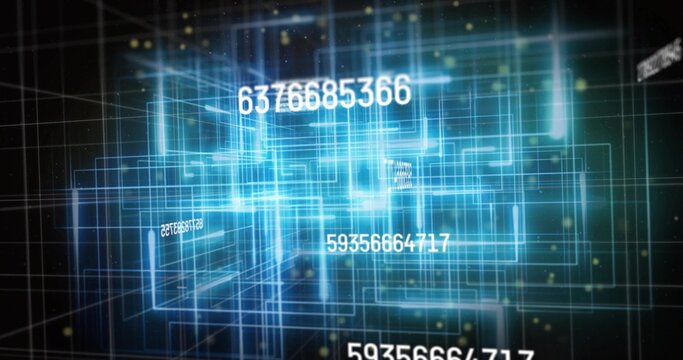 Displaying glowing cyan wireframe cluster pulsing in 3D data space, with numeric string 6376685366