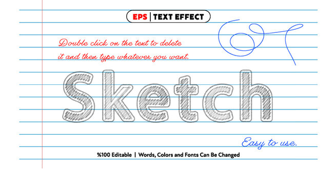 Sketch text effect editable vector design with pencil drawing style on lined paper background for creative projects and easy customization