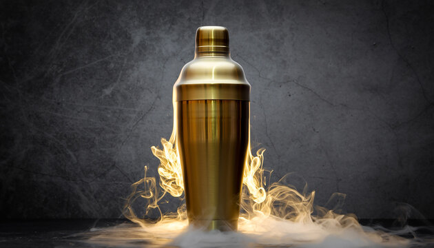 Gold cocktail shaker with smoke and dry ice effect against textured background barware bartender - Powered by Adobe