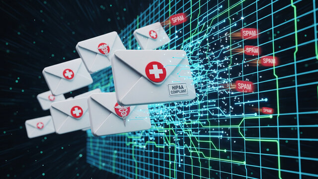Digital transformation of healthcare data: medical envelopes with red crosses transition into electronic format, symbolizing secure transmission, EHR systems, and telemedicine communication.