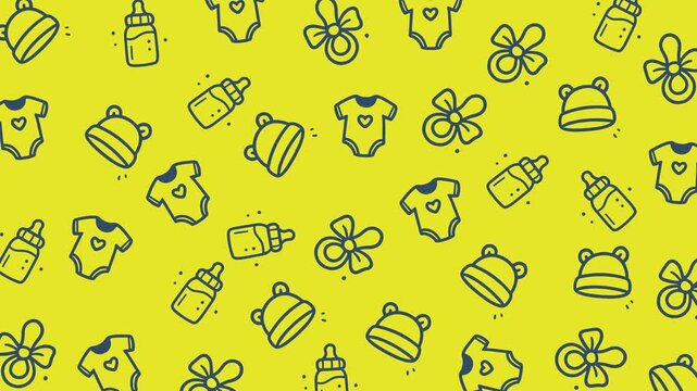 Doodle baby icons of bottle, pacifier, hat, onesie on yellow background. Perfect for baby shower invitations, nursery decor, babyrelated designs.