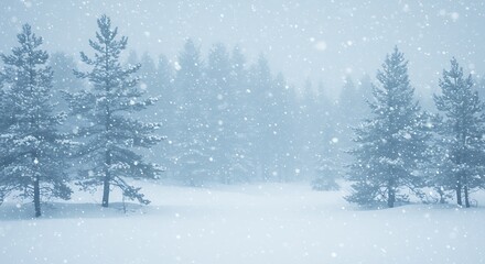 Obraz premium Snowy Winter Forest Scene with Pine Trees and Falling Snowflakes
