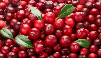 a pile of cranberries with leaves