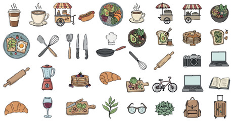 Collection of hand drawn illustrations featuring food drinks kitchenware travel items and outdoor elements for creative projects