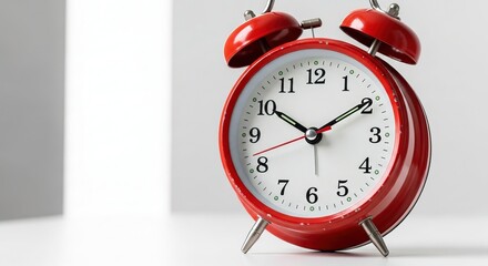 Red classic alarm clock indicating it's time for waking up and starting the day