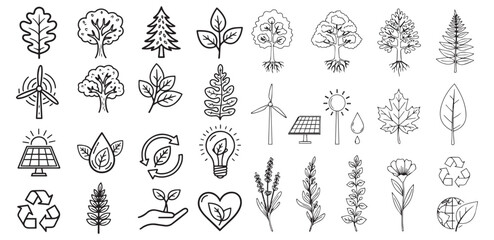 Collection of hand drawn black and white stylized trees and nature symbols in a grid layout for eco friendly design
