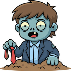 Funny cartoon zombie rising from ground with blue skin, torn suit, and smiling face — playful Halloween undead character design.